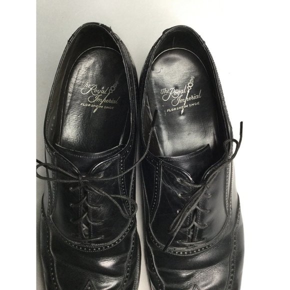 FLORSHEIM ROYAL IMPERIAL WING TIPS ALL LEATHER 12 A BLACK OXFORD MADE USA